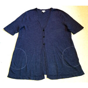 Womens Sweater-J. JILL-navy blue linen/rayon blend cardigan short sleeves-L